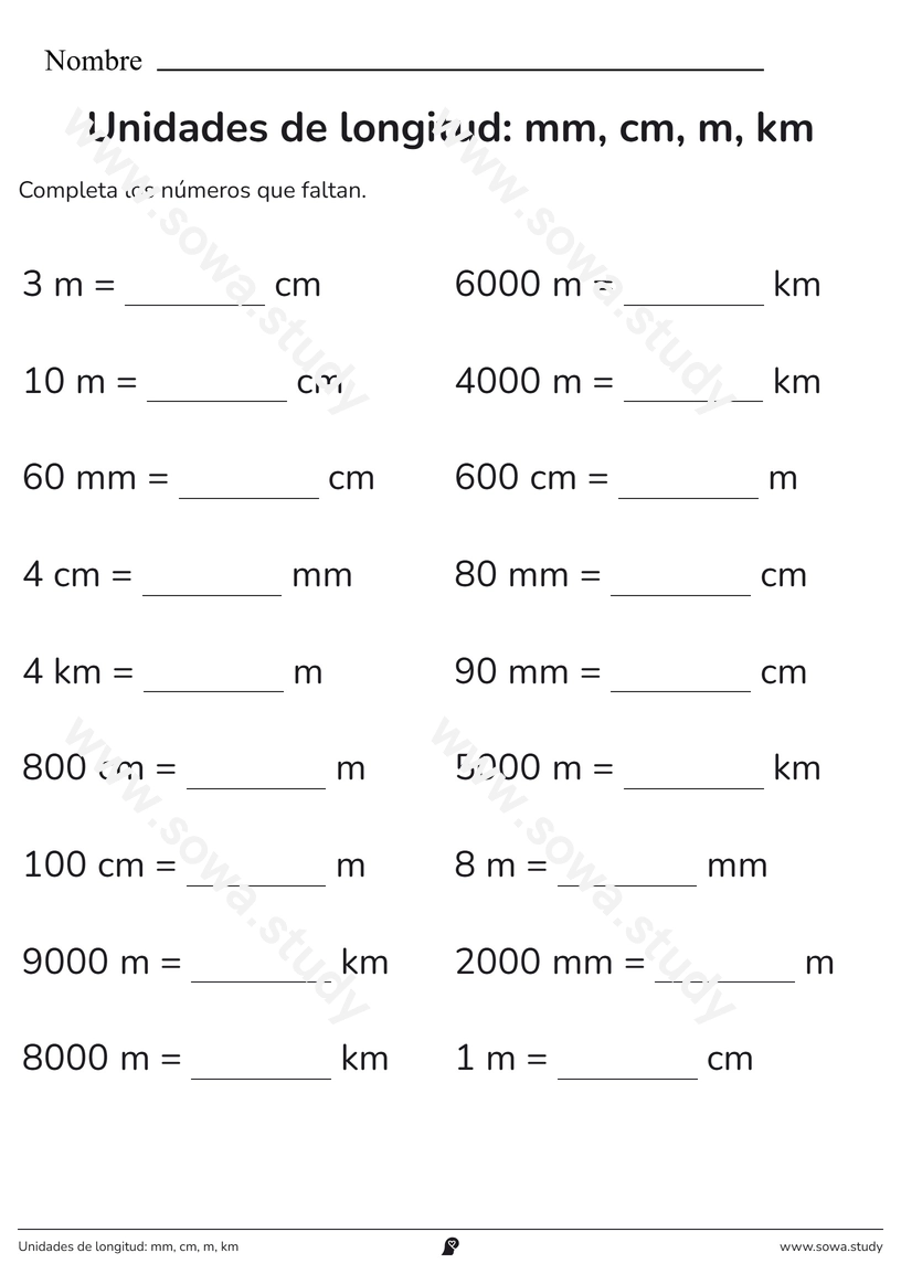 Unidades de longitud: mm, cm, m, km – ficha para imprimir