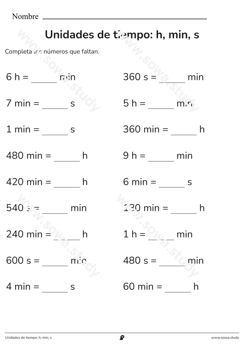 Unidades de tiempo: h, min, s – ficha para imprimir