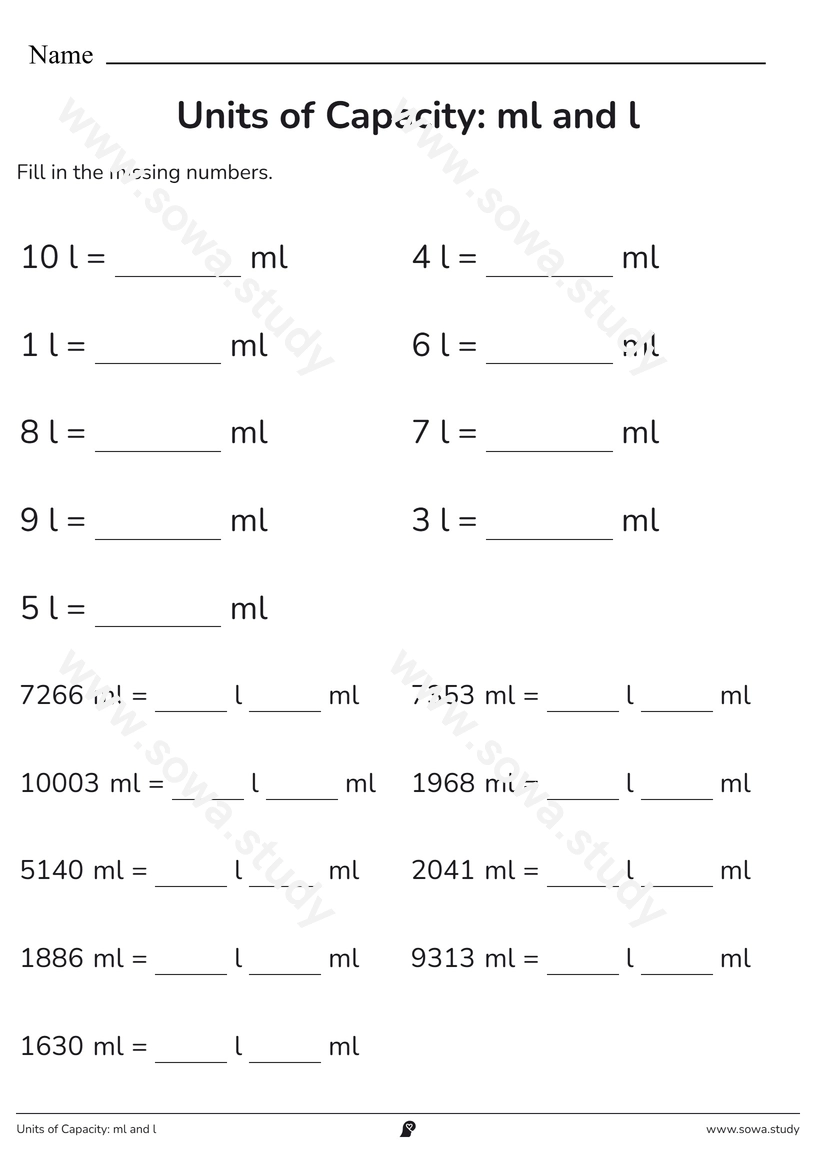 Units of Capacity: ml and l – printable worksheet