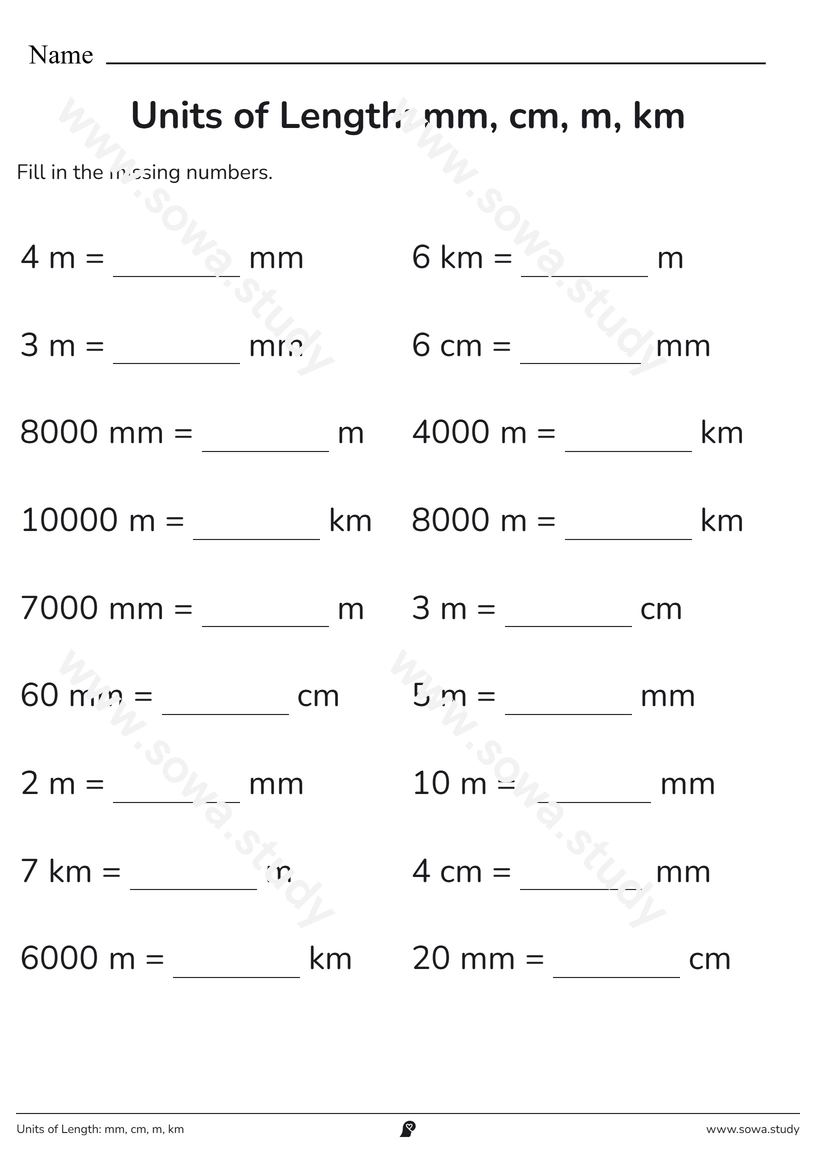 Units of Length: mm, cm, m, km – printable worksheet