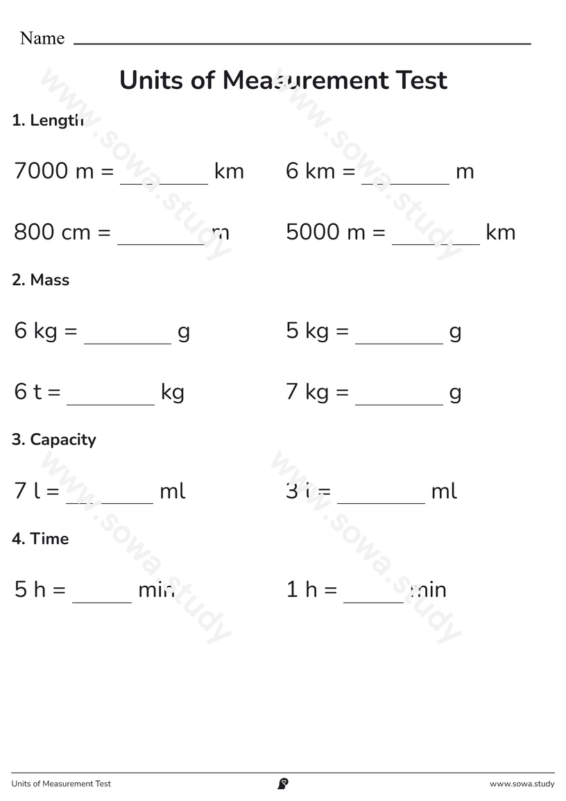 Units of Measurement Test – printable worksheet