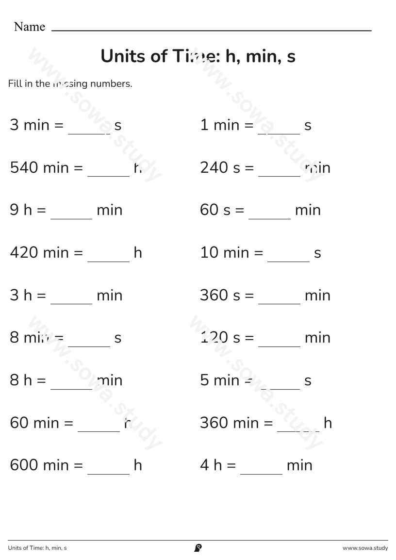 Units of Time: h, min, s – printable worksheet