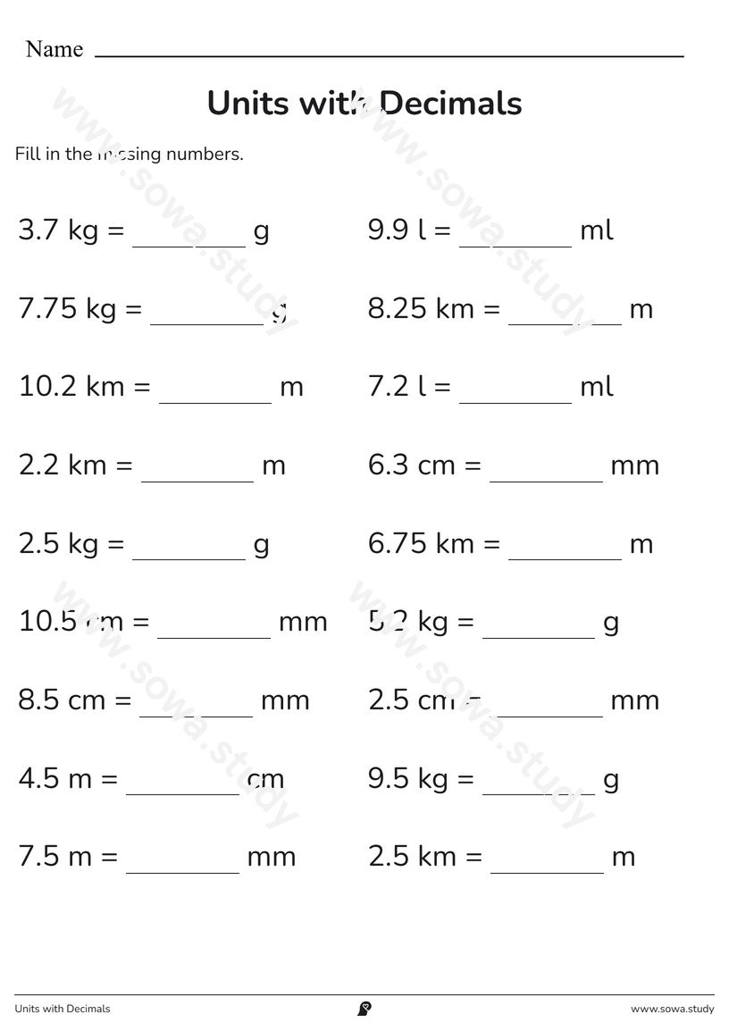 Units with Decimals – printable worksheet