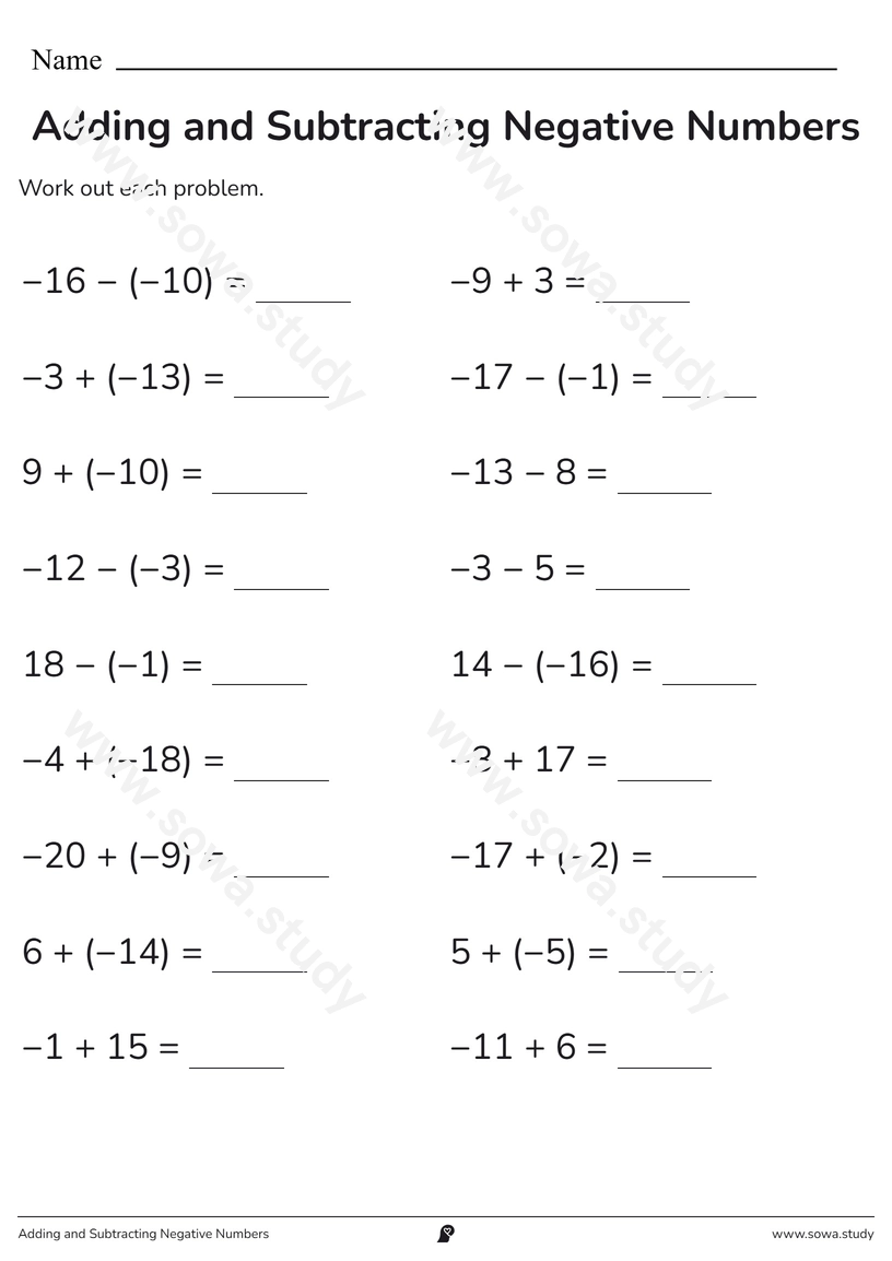 Adding and Subtracting Negative Numbers – printable worksheet