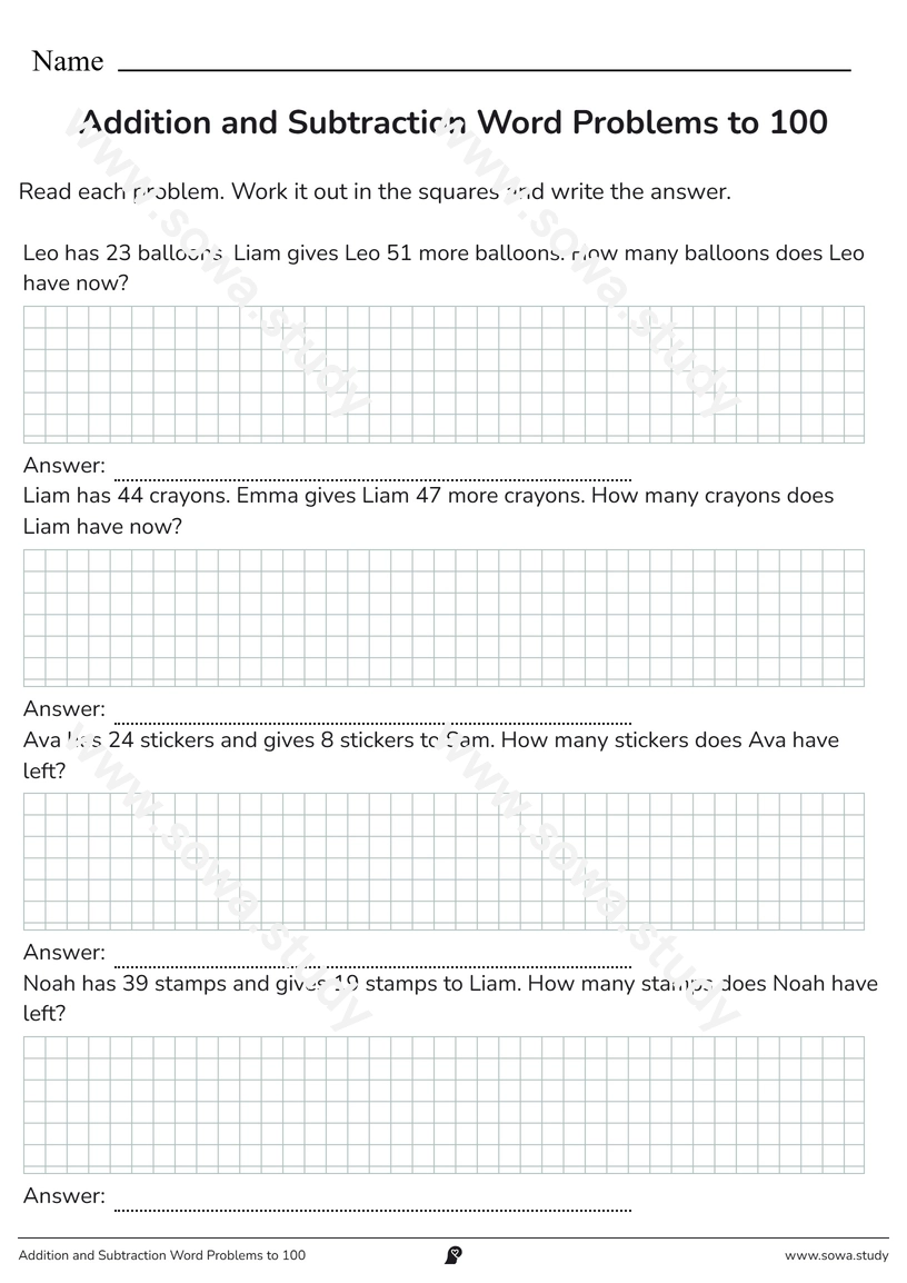 Addition and Subtraction Word Problems to 100 – printable worksheet