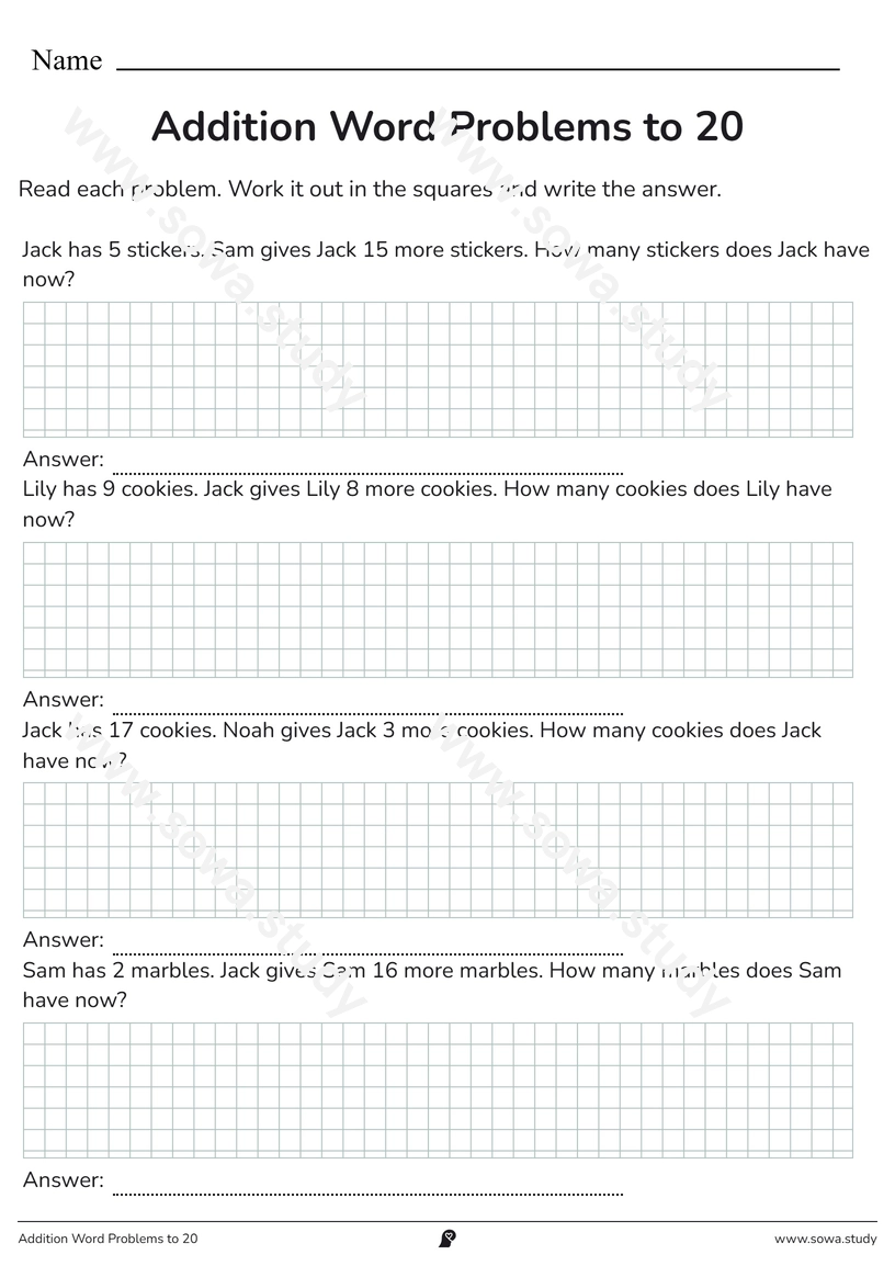 Addition Word Problems to 20 – printable worksheet