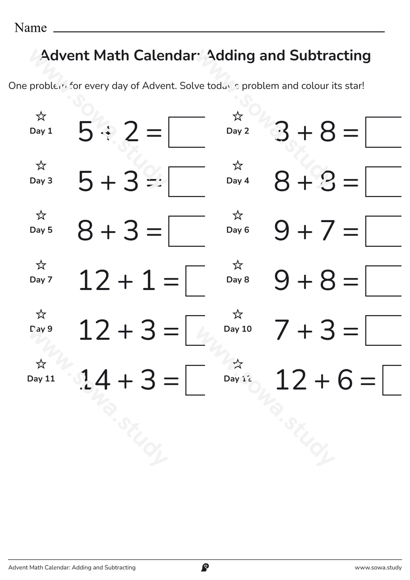 Advent Math Calendar: Adding and Subtracting – printable worksheet