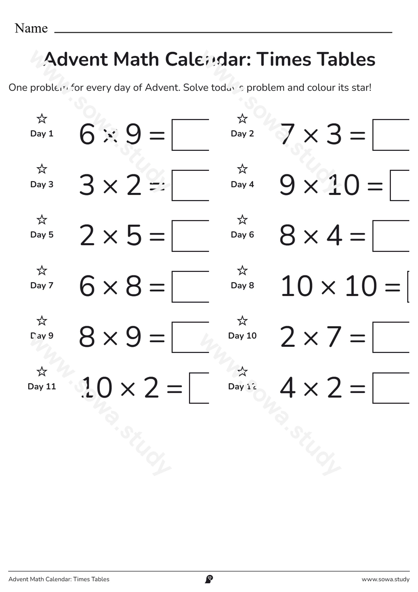 Advent Math Calendar: Times Tables – printable worksheet