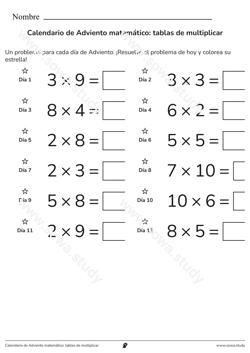 Calendario de Adviento matemático: tablas de multiplicar – ficha para imprimir