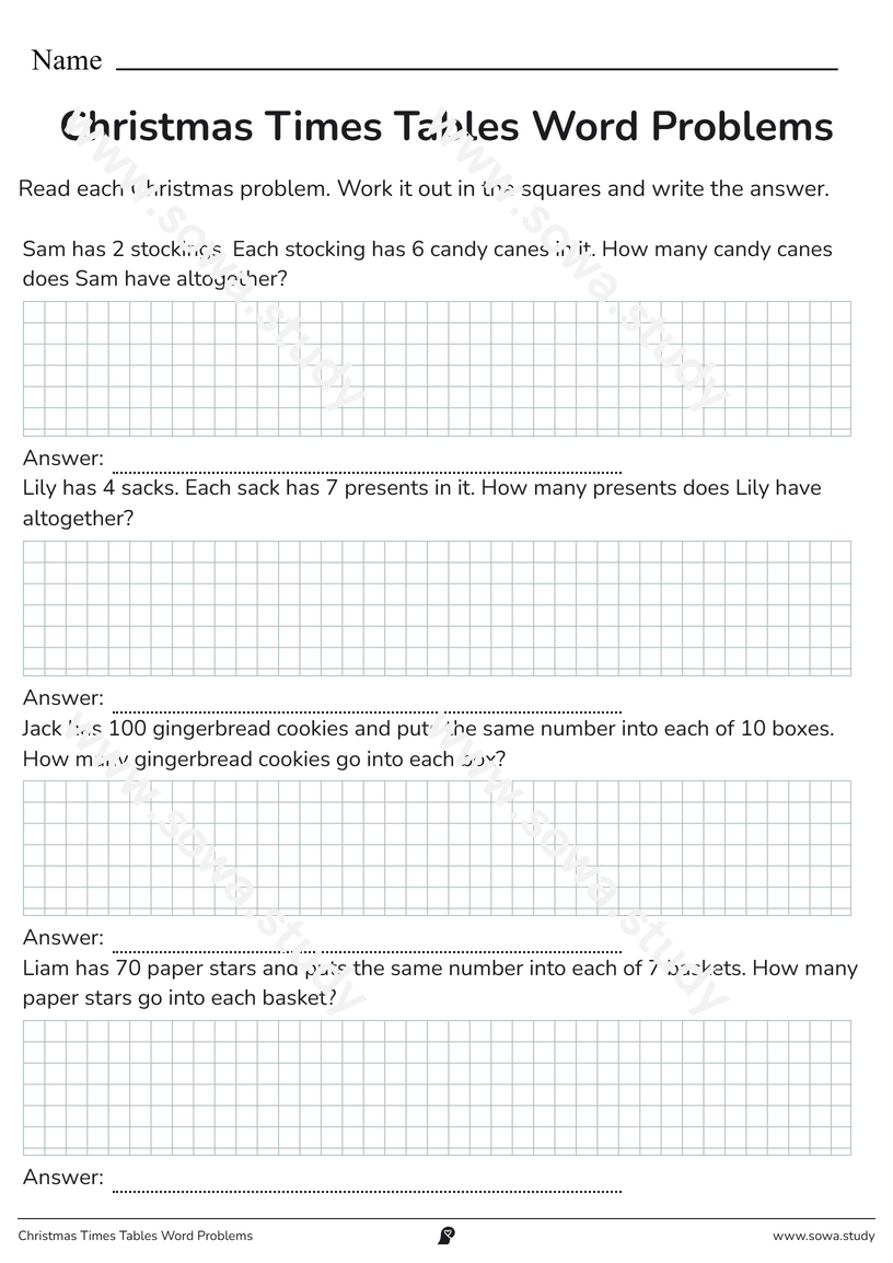 Christmas Times Tables Word Problems – printable worksheet