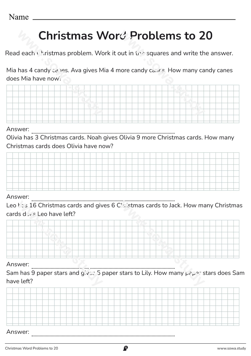 Christmas Word Problems to 20 – printable worksheet