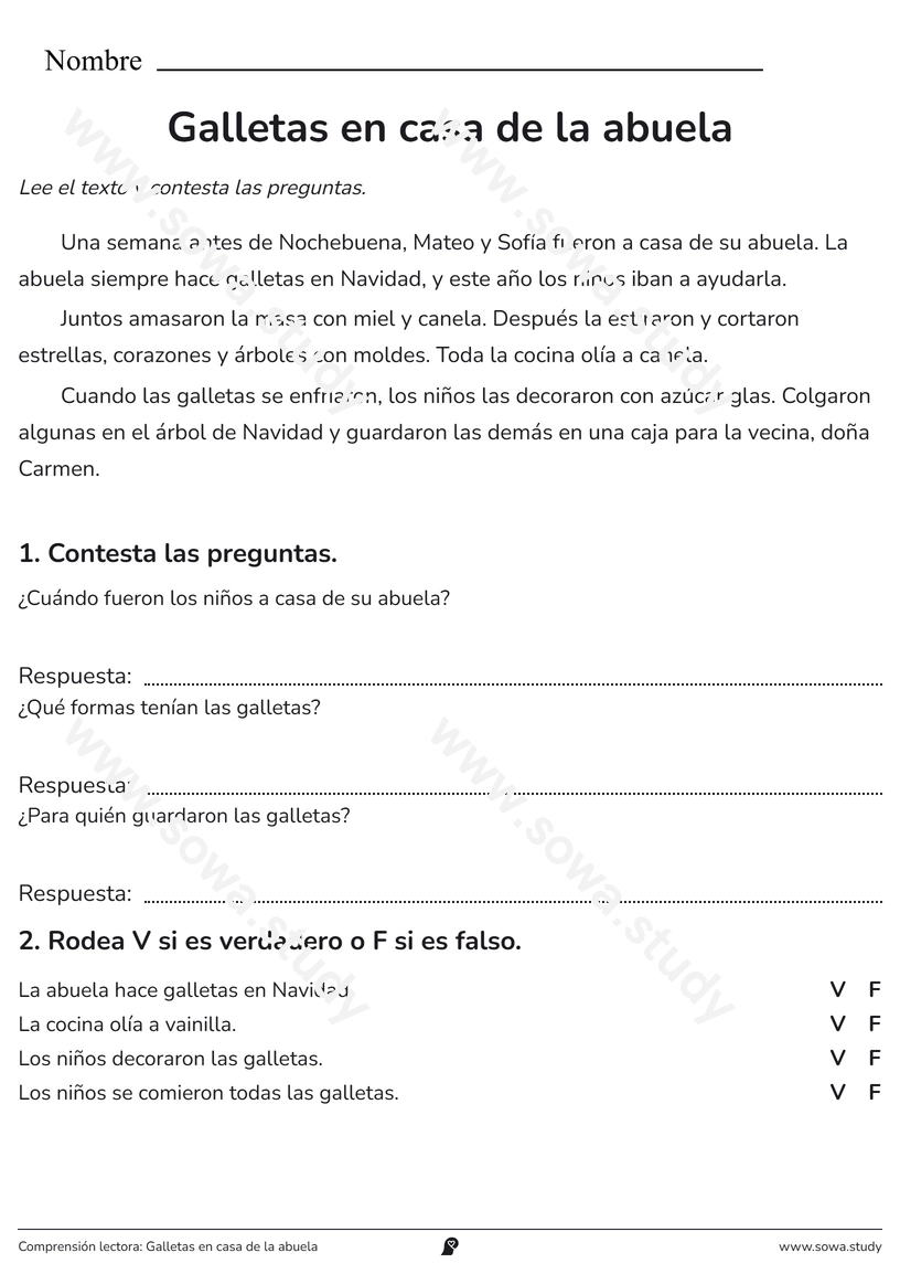 Comprensión lectora: Galletas en casa de la abuela – ficha para imprimir