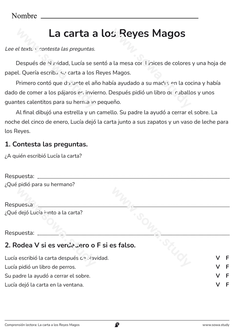 Comprensión lectora: La carta a los Reyes Magos – ficha para imprimir