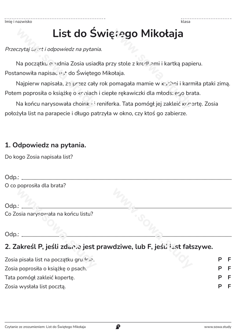 Czytanie ze zrozumieniem: List do Świętego Mikołaja – karta pracy do druku