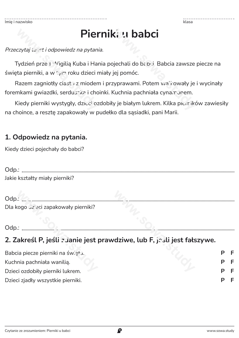 Czytanie ze zrozumieniem: Pierniki u babci – karta pracy do druku