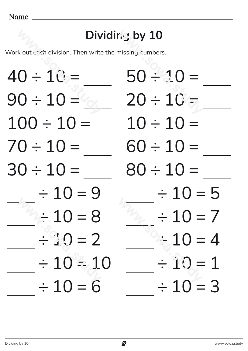 Dividing by 10 – printable worksheet