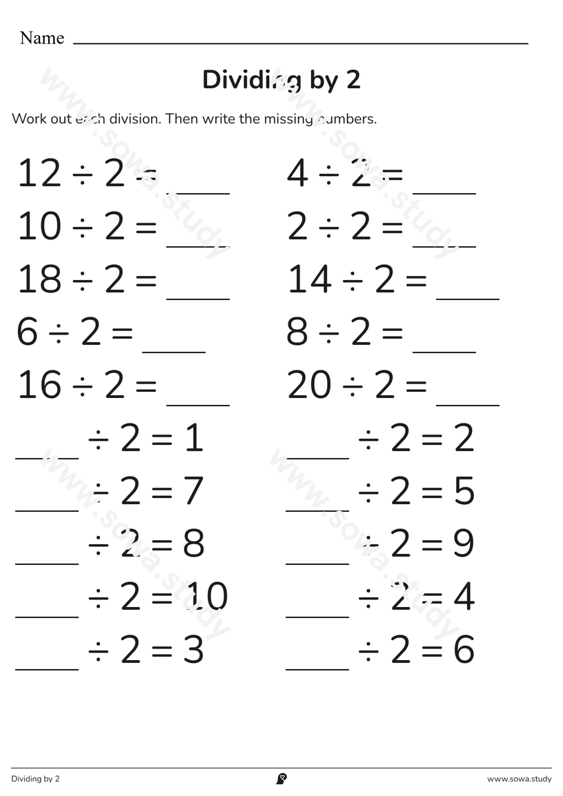 Dividing by 2 – printable worksheet