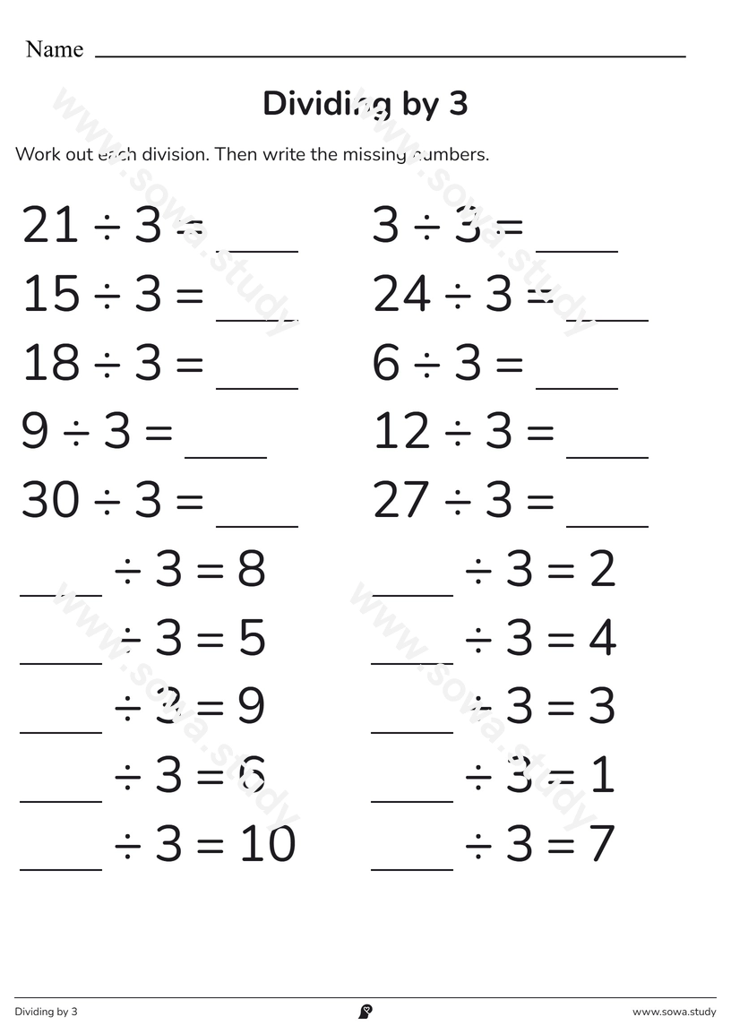 Dividing by 3 – printable worksheet