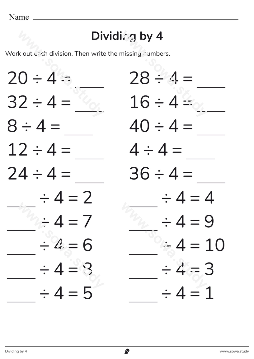 Dividing by 4 – printable worksheet