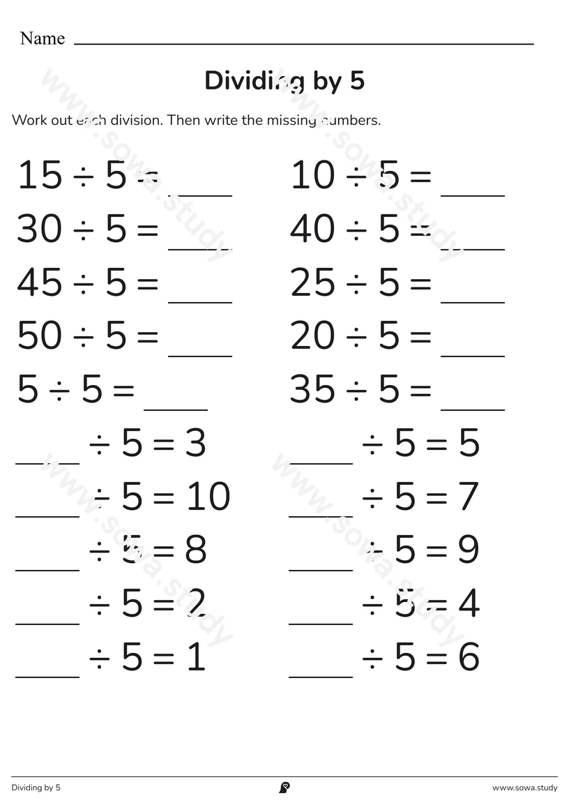 Dividing by 5 – printable worksheet