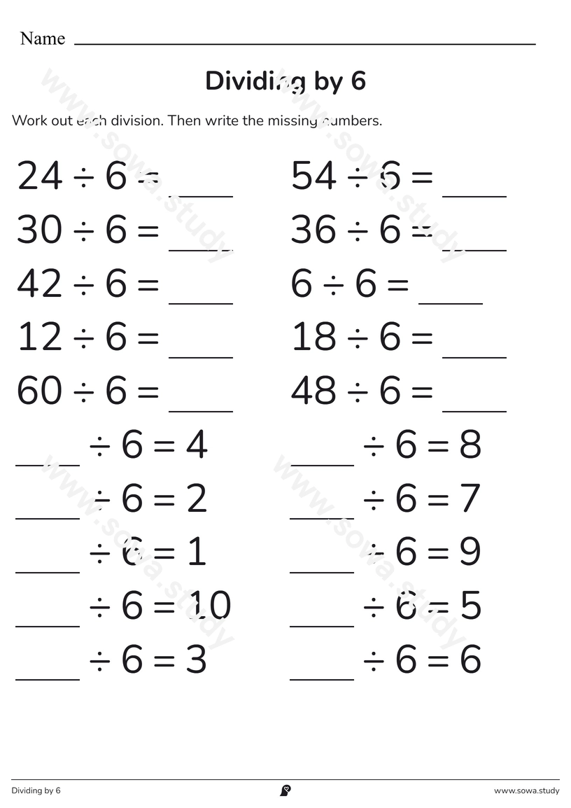 Dividing by 6 – printable worksheet