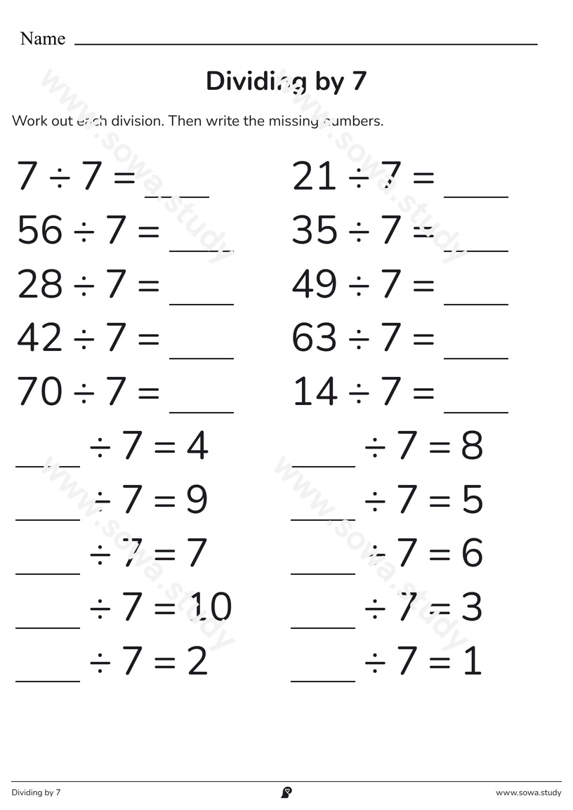 Dividing by 7 – printable worksheet