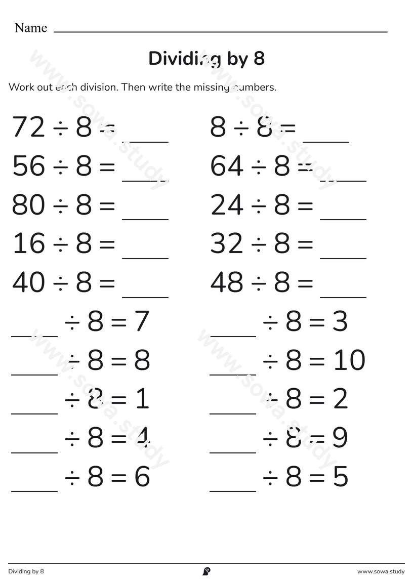 Dividing by 8 – printable worksheet