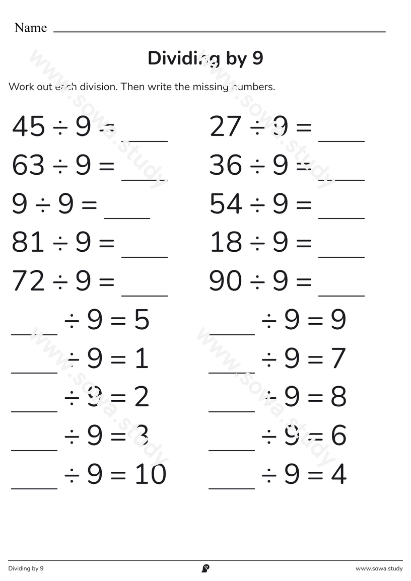 Dividing by 9 – printable worksheet