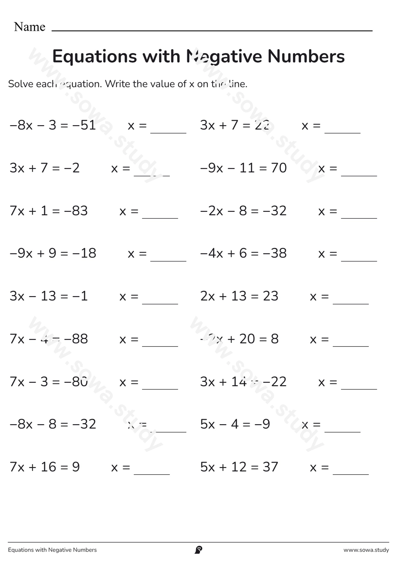 Equations with Negative Numbers – printable worksheet