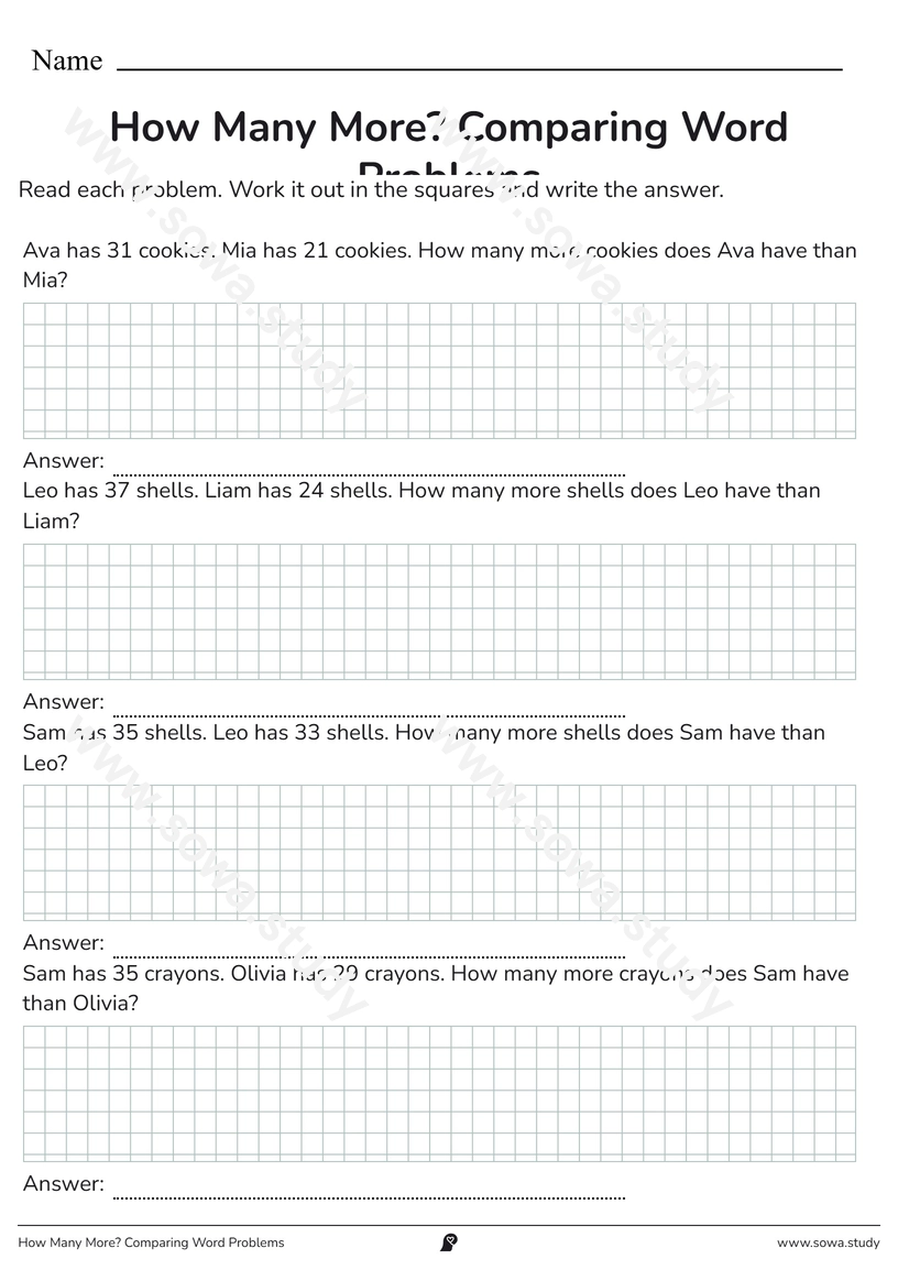 How Many More? Comparing Word Problems – printable worksheet