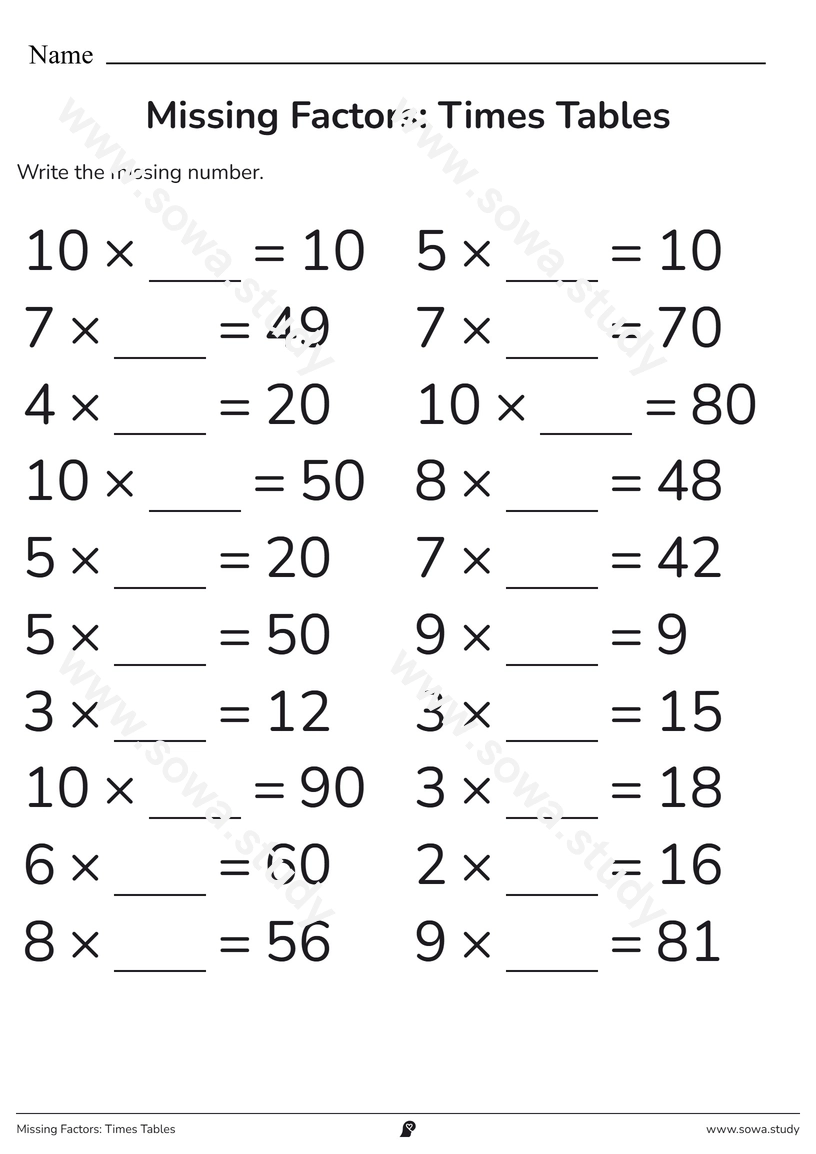 Missing Factors: Times Tables – printable worksheet