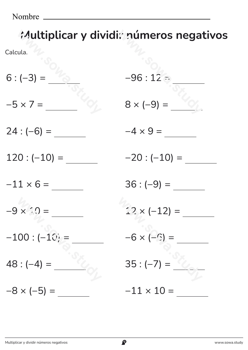 Multiplicar y dividir números negativos – ficha para imprimir
