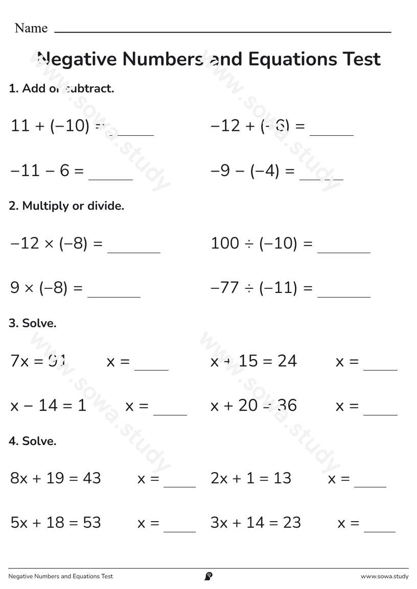 Negative Numbers and Equations Test – printable worksheet