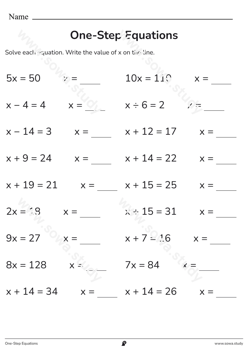 One-Step Equations – printable worksheet