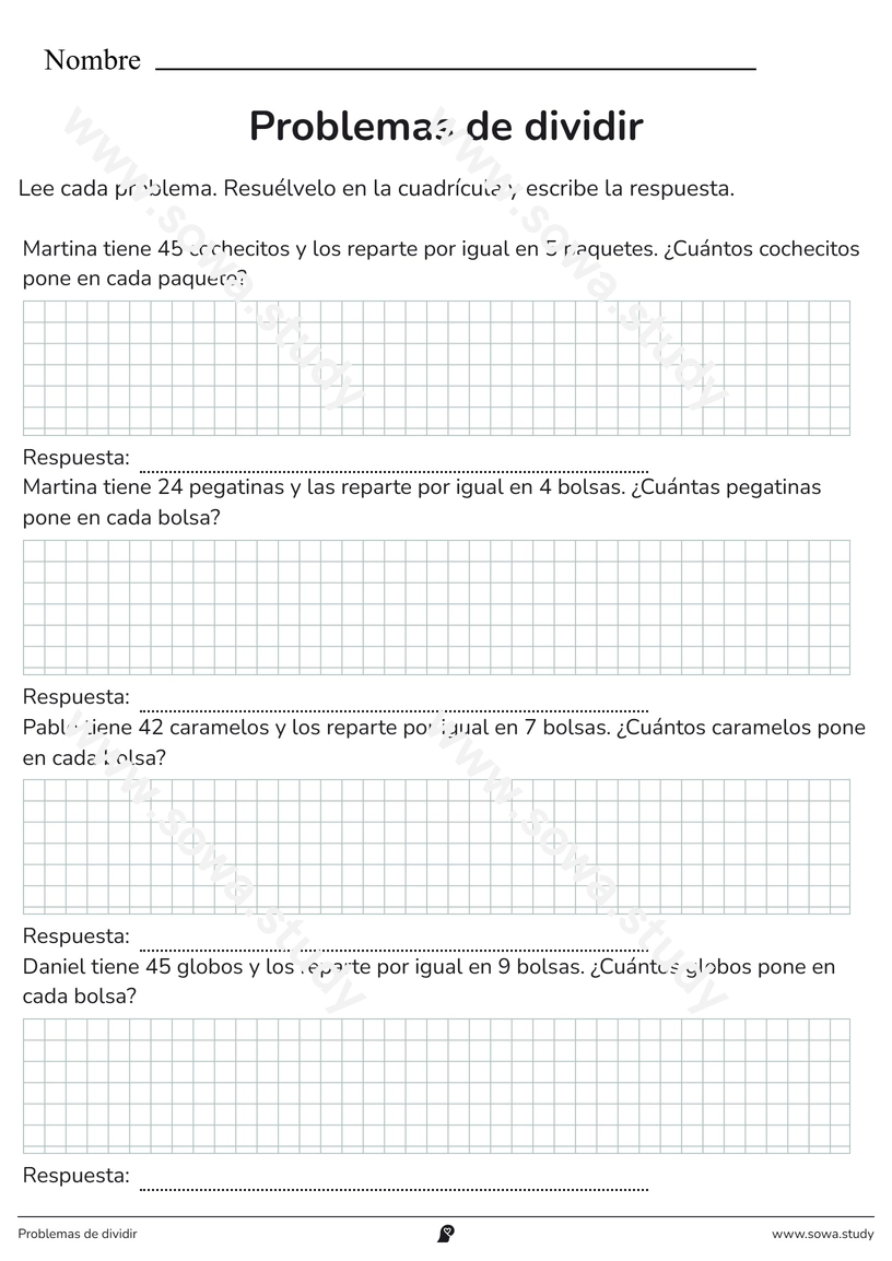 Problemas de dividir – ficha para imprimir