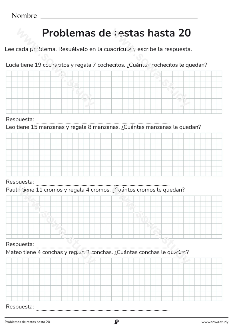 Problemas de restas hasta 20 – ficha para imprimir