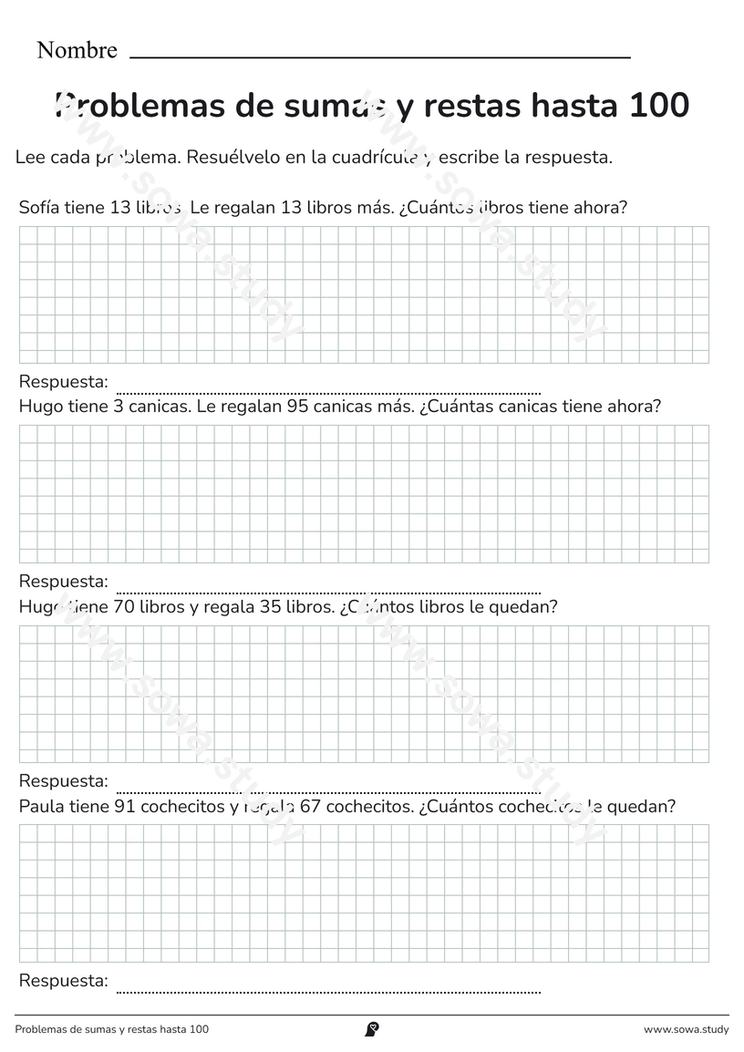 Problemas de sumas y restas hasta 100 – ficha para imprimir