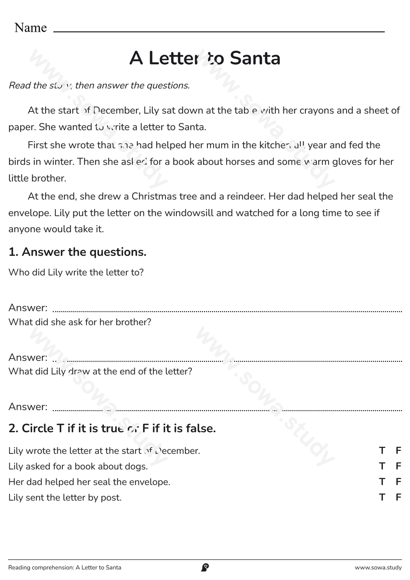 Reading comprehension: A Letter to Santa – printable worksheet