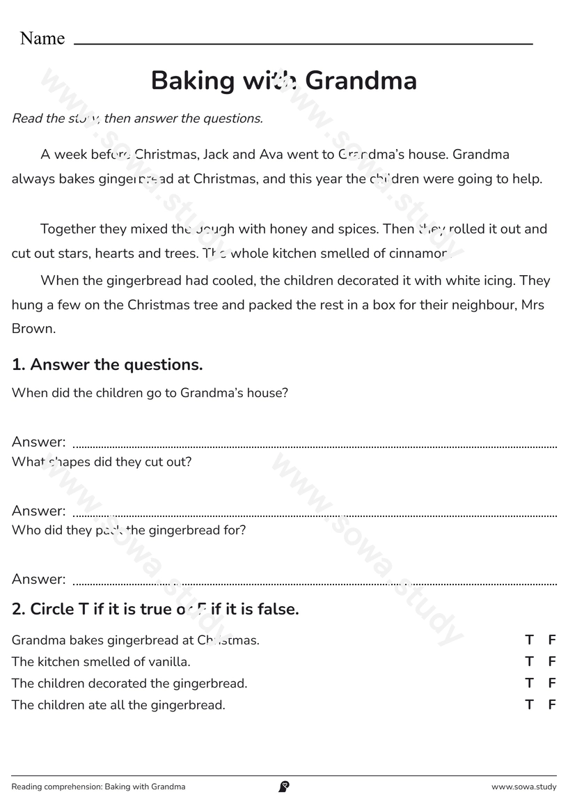 Reading comprehension: Baking with Grandma – printable worksheet