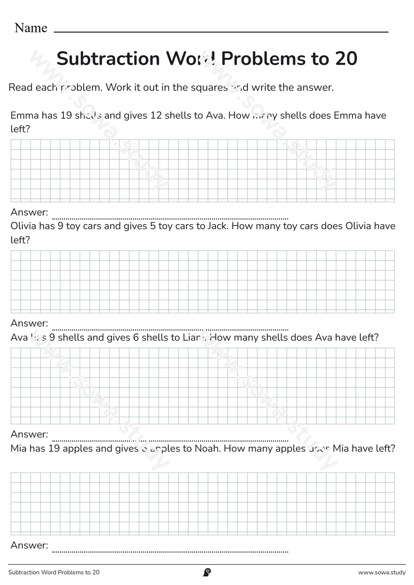 Subtraction Word Problems to 20 – printable worksheet