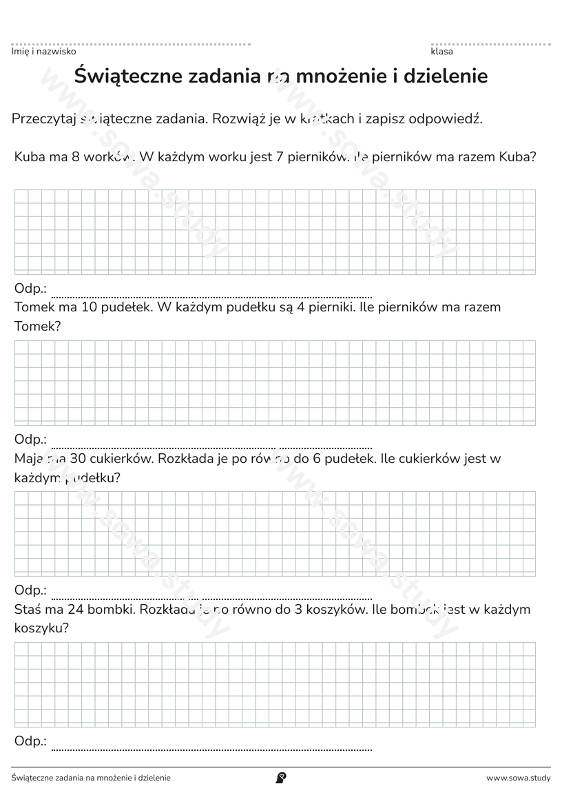 Świąteczne zadania na mnożenie i dzielenie – karta pracy do druku
