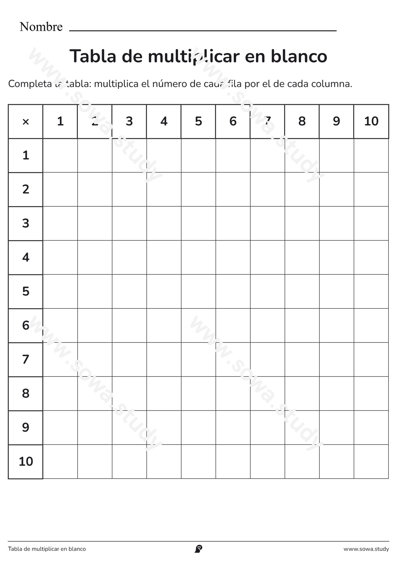 Tabla de multiplicar en blanco – ficha para imprimir