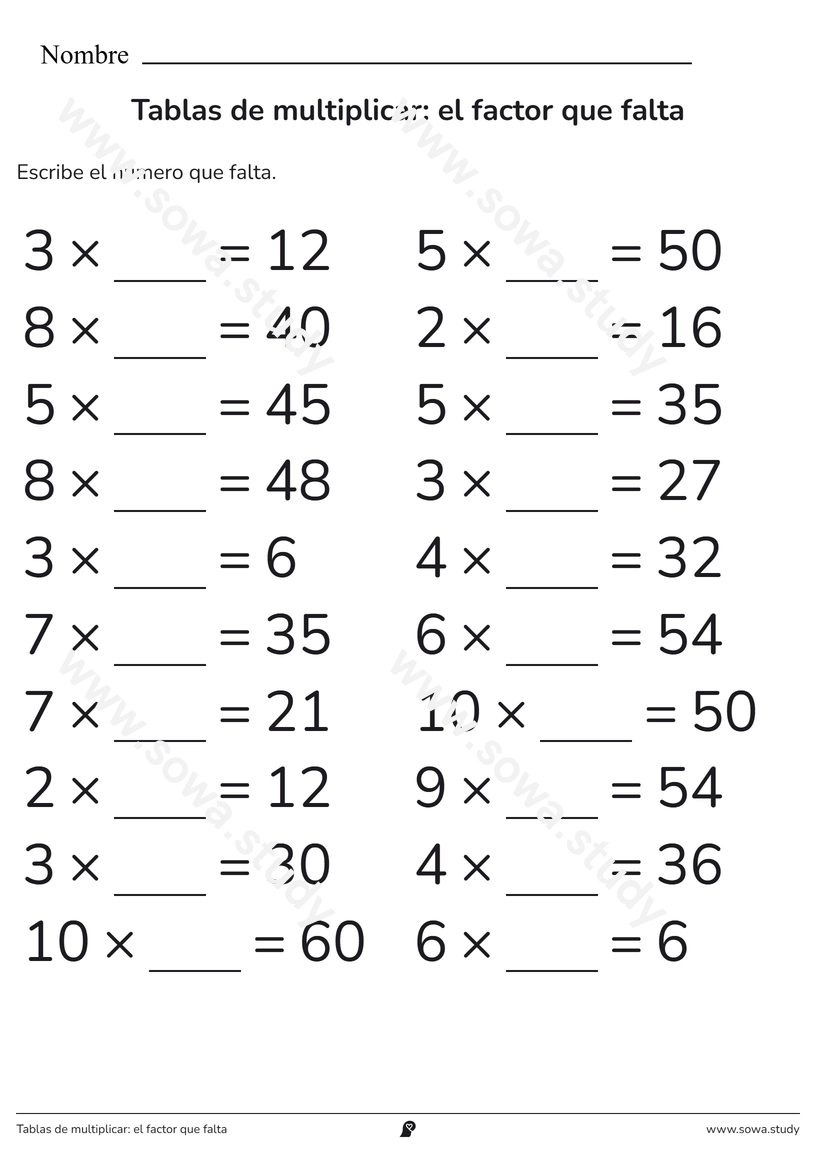 Tablas de multiplicar: el factor que falta – ficha para imprimir
