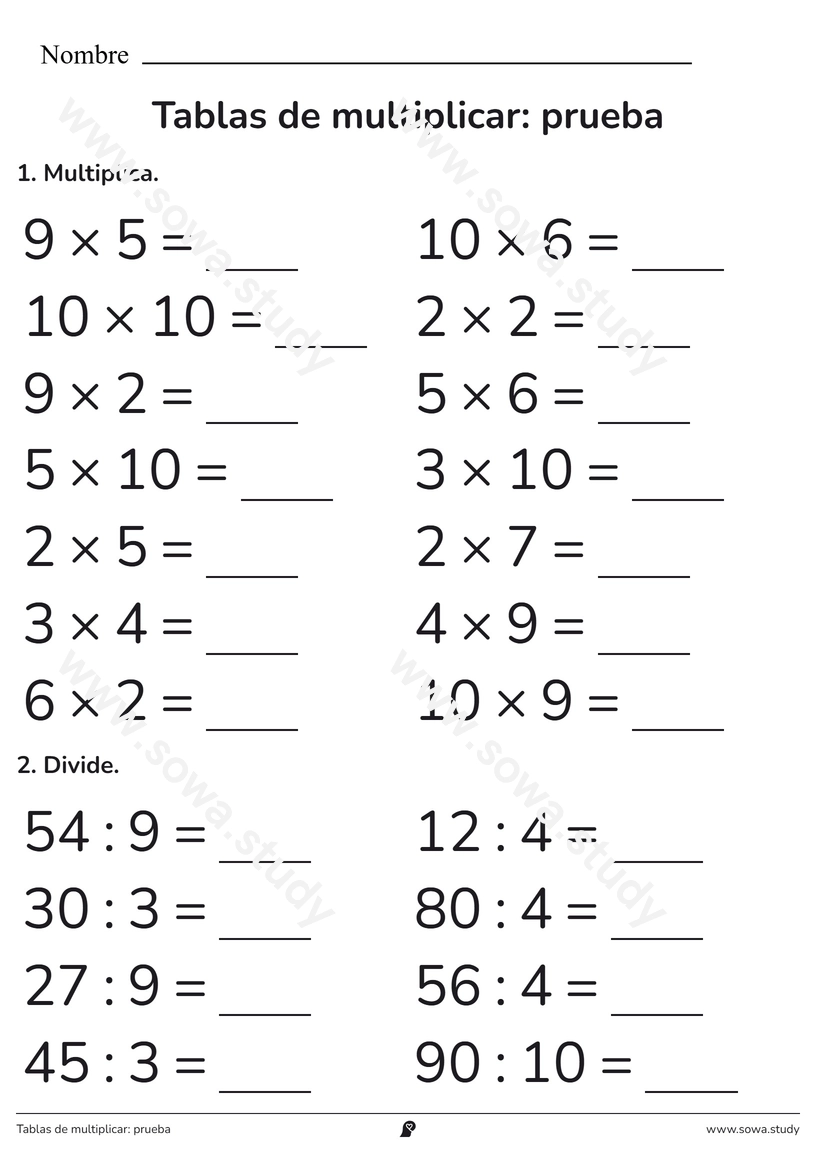 Tablas de multiplicar: prueba – ficha para imprimir