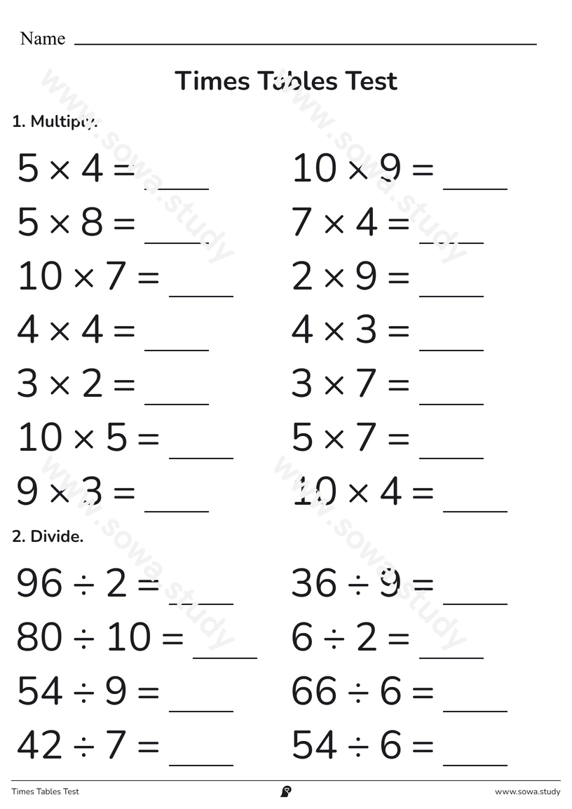 Times Tables Test – printable worksheet