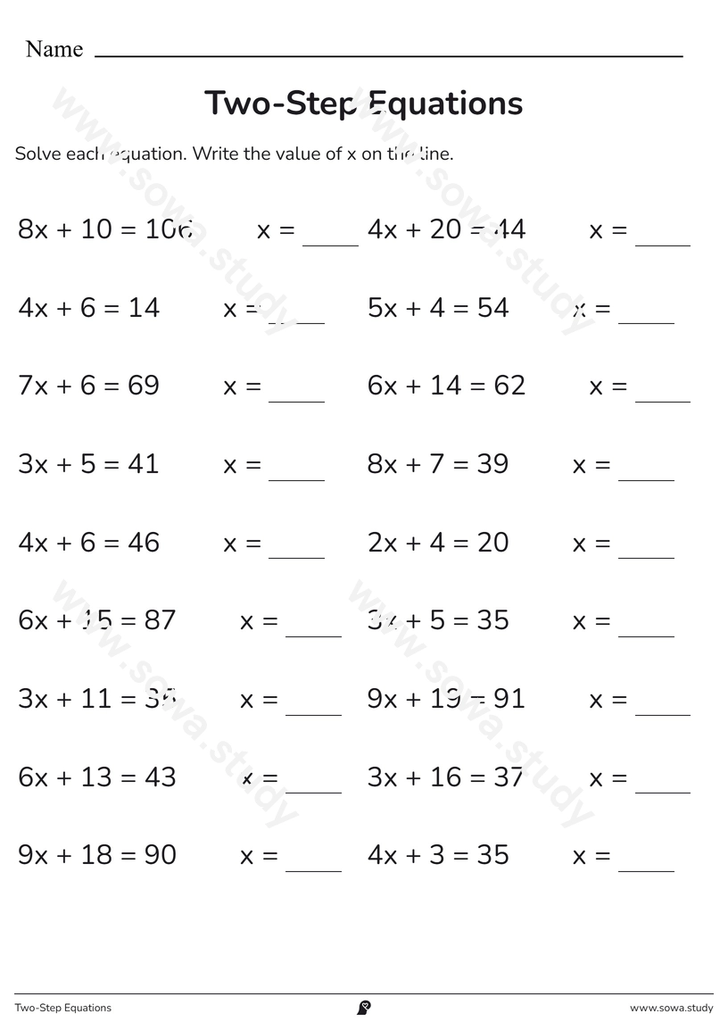Two-Step Equations – printable worksheet