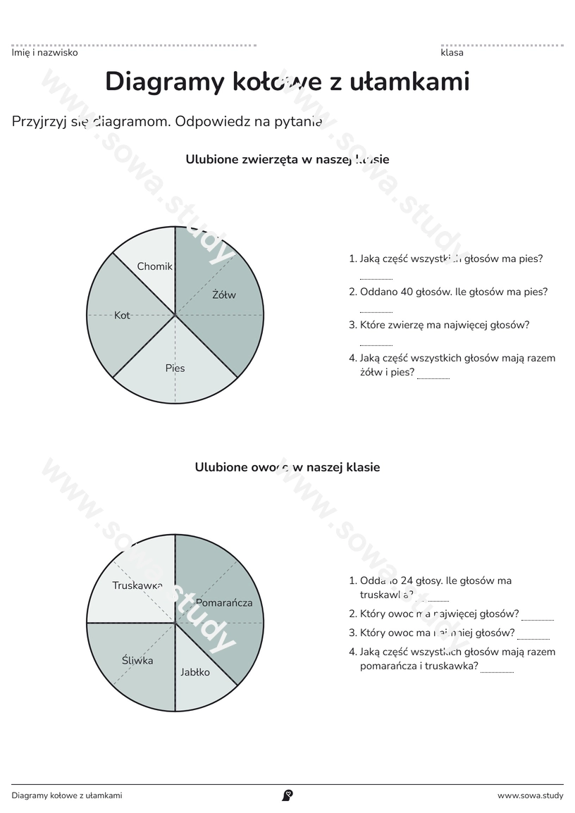 Diagramy kołowe z ułamkami – karta pracy do druku