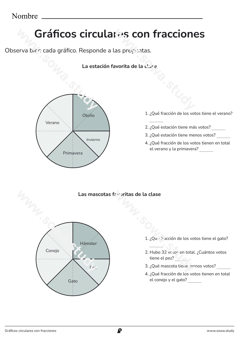 Gráficos circulares con fracciones – ficha para imprimir