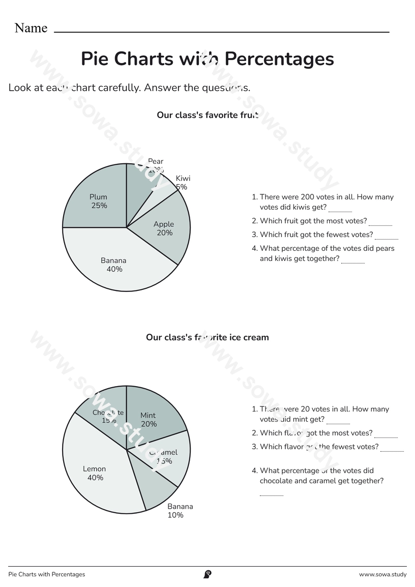 Pie Charts with Percentages – printable worksheet