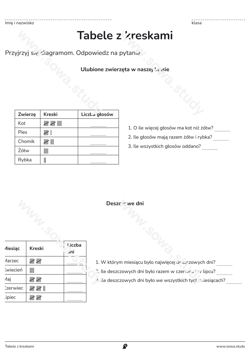 Tabele z kreskami – karta pracy do druku